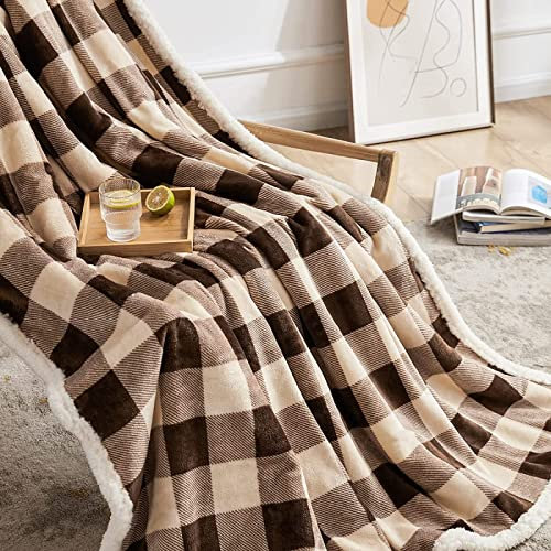 loyaltyer Plaid Carreaux Marron Couverture Polaire 150 x 200 cm en Microfibre Douce Grande Chaude Imprimée Couverture Voyage Hiver Décorative pour Lit et Canapé Double Face Blanket 4 Saisons