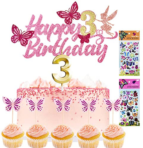 Tortendeko Mädchen Cake Topper 3. geburtstag 13 Stück Schmetterlinge deko +1 Geburtstagskerze+2 Sticker kinder Kuchen Deko Geburtstag deko mädchen Tortendeko Geburtstag, (3)