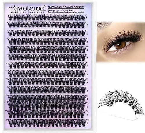 Pawotence Lot de 280 extensions de cils en grappes à appliquer soi-même (40D, 0,07D, 9 à 16 mm)