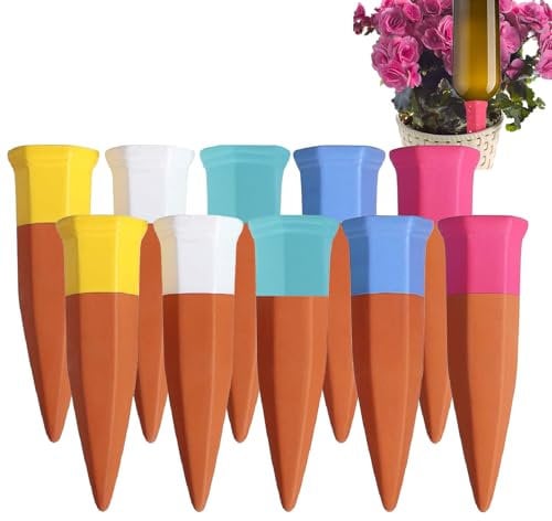 Joyeee Tonkegel Bewässerung 10er Set, Olla Bewässerung, Pflanzen Wasserspender Ton, Wein und PET Flaschen Bewässerungskegel, Terracotta