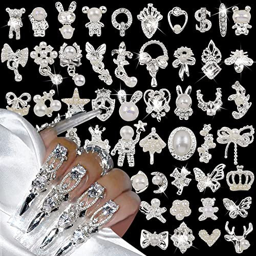 50pcs 3D Silber Nail Charms Luxus Strasssteine Nägel Legierung Schmetterling Nailart Anhänger Metall Nagel Schmuck Schleife Bär Edelsteine Herz Stern Blume Glitzersteine Nageldesign Nail Art Zubehör