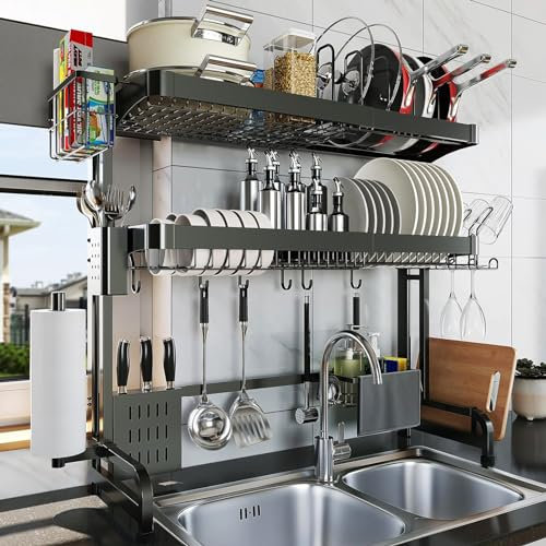 LIVOD Abtropfgestell für die Spüle, 3 Etagen, verstellbare Länge, Edelstahl, groß, Küchentheke, erweiterbar, multifunktional, silberfarben, 64 cm bis 94 cm