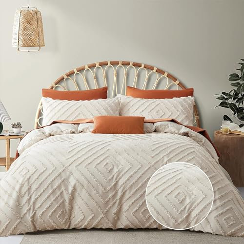 Freyamy Böhmen Bettwäsche 200x200cm 3teilig Beige Getuftet Kariert Boho Bettwäsche Stickerei Shabby Chic Bettwaren-Sets Microfaser Weiche Bettbezug mit Reißverschluss und 2 Kissenbezug 80x80cm