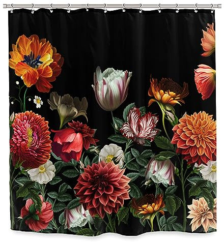 Ufeela Duschvorhang im Vintage-Stil, 152 x 183 cm, Gartenblumen, Bohemian, Rot, Orange, Aquarellpflanze für Badezimmer, Dekorsets, Stoff, wasserdicht, Polyester, dekoratives Zubehör mit 12 Haken