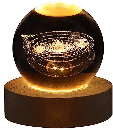 Luz Nocturna con Bola de Cristal 3D, Lámpara de Noche con Bola de Cristal con Base de Madera, Sistema Solar LED Galaxy Planet, Luz Nocturna, Regalo de Cumpleaños, Escritorio de(Sistema Solar)