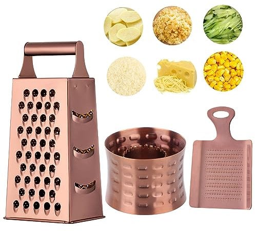 BUYER STAR Kitchen Graters, Stainless Steel Cheese Grater & Ginger Grater & Corn Stripper for Fine Grinding, Coarse Grinding, Chopping and Cutting, 4-Sided Vegetable Slicer with Crank (Rose Gold)