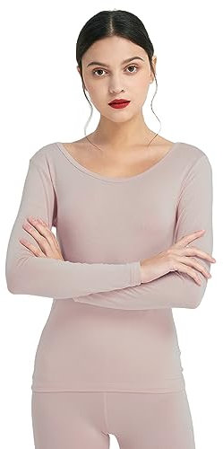 Mcilia Damen Ultradünnes Thermo-Basisschicht Oberhemd aus Modal mit tiefem Rundhalsausschnitt Haut Rosa Large (EU 44 46)