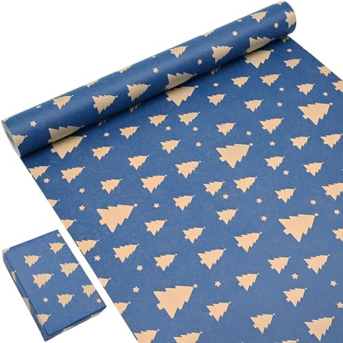 OTMVicor Rouleau de papier cadeau de Noël, 15 m de papier d'emballage cadeau recyclable, 43 cm de large, imprimé avec des élans et des flocons de neige bleu marine pour emballage cadeau de Noël ou