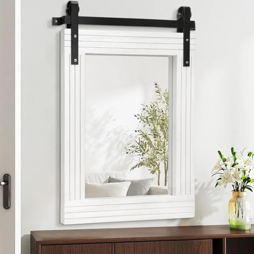 AAZZKANG Wandspiegel mit Holzrahmen, rechteckig, Bauernhaus-Wandspiegel, Dekoration für Badezimmer, Schlafzimmer, Wohnzimmer, Eingangsbereich, 50 x 40 cm, Weiß