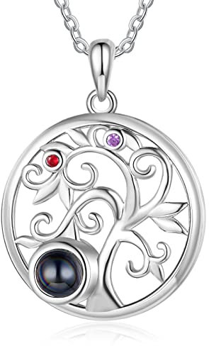 Custom Photo Necklace with Picture Inside Personalised Picture Projection Necklace with Birthstone Tree of Life Pendant Necklace for Mother Daughter (2 Birthstones)