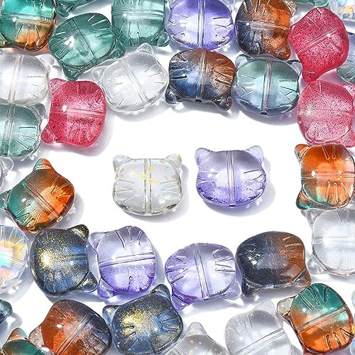 Stiesy Lot de 100 perles en verre soufflé de couleur aléatoire en forme de tête de chat - Perles transparentes faites à la main pour la fabrication de bijoux