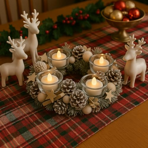 Frosted Festive Candleholder Centrepiece with 4 LED Candles - White Round Frosted Christmas Xmas Tealight Holder Table Decoration with Twig Base, Pinecones, Faux Spruce, Stars & Baubles - H9 x 30cm
