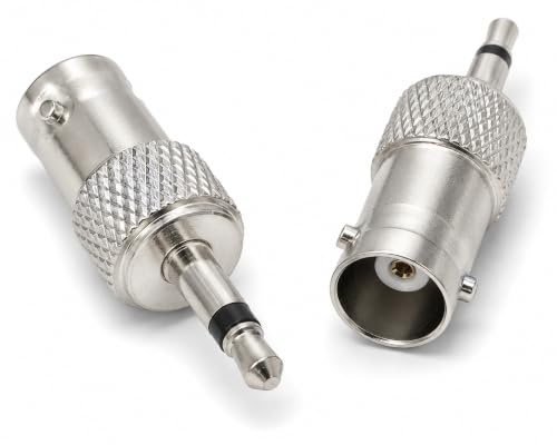 DRUT BNC Socket to 3.5mm Male Mono Jack Adapter, 2pc, Silver | Composite audio-video adapter twin pack for CCTV, oscilloscopes and RF gear