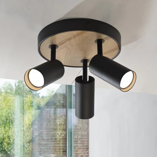 ouglres Deckenstrahler 3 Flammig,Deckenleuchte Schwarz Holz,Schwenkbar Strahler Design Deckenlampe Gu10,Spots Deckenlampe Rund für Küche, Wohnzimmer, Schlafzimmer,Flur,Esszimmer,Zimmers,Restaurants