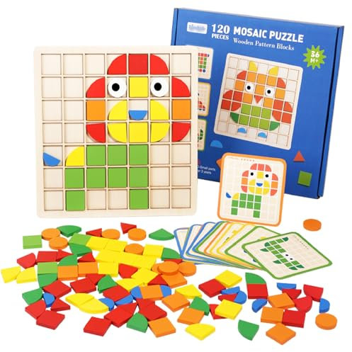 ENIKMOSD Mosaik Holzpuzzle,120PCS Form Holz Kinder Puzzle,Holz Mosaik Spiel,Geometrische Formen Puzzle Bausteine Montessori Spielzeug Lernspielzeug Für Kinder Mädchen und Jungen ab 3 Jahre