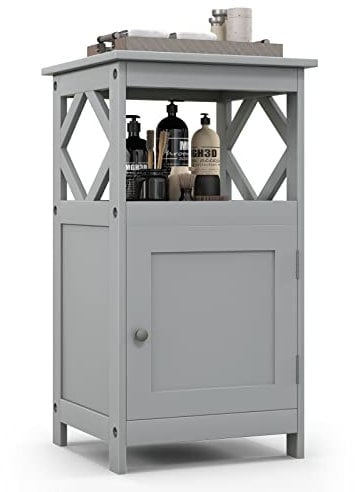 RELAX4LIFE Bathroom Floor Cabinet, Single Door Wooden Storage Cabinet with Open Shelf & Anti-tipping Device, Freestanding Side Cupboard Storage Organizer Unit for Bathroom Living Room Bedroom (Grey)