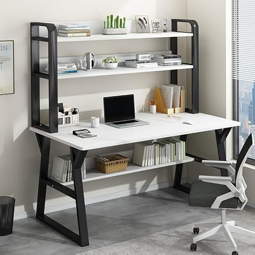 Computertisch mit Ablagen und Bücherregal - Einfacher moderner Schreibtisch mit stabilem Metallrahmen für Zuhause und Büro - Schreibarbeitsplatz