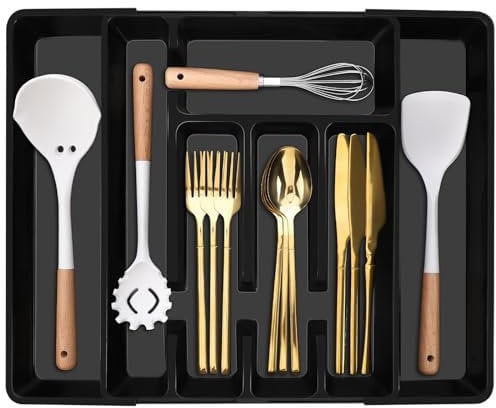 Dntorx Utensil Drawer Organiser, Expandable Cutlery Drawer Organiser Large Kitchen Drawer Organiser Cutlery Trays for Kitchen Drawers 7 Compartment Adjustable Silverware Flatware for Knife Fork,Black