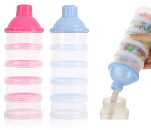 2 Stück 5-lagiger Baby-Milchpulver-Spender, Milchpulver-Töpfe, Milchpulver-Spender, tragbarer Milchpulver-Formel-Spender, Behälter, Topfbox, Milchdosen, Snack-Aufbewahrungsbox für Reisen (Rosa + Blau)