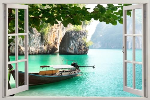 HUBDECO - Wandtattoo - Wanddeko - Selbstklebende Folie - Wandsticker - Fototapete 3d Effekt - Selbstklebende Tapete - Fenster & Meer Motiv - Thailand Boot - 90x60cm
