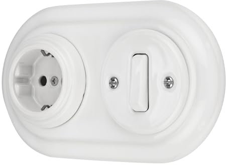 Presa da incasso in porcellana retrò, interruttore, 2 ingressi, All-in-One, set serie PR1 bianco