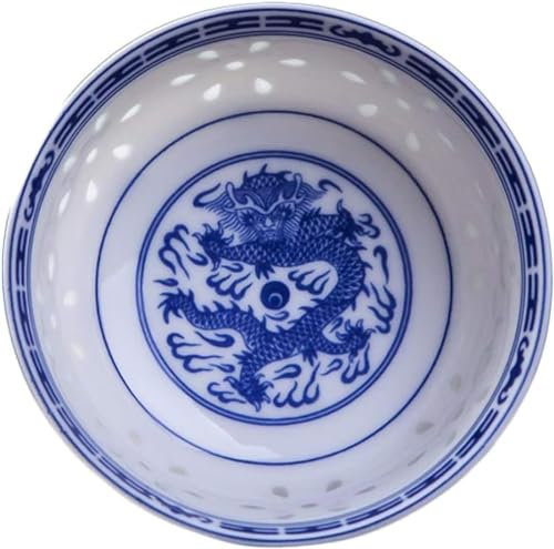 SUWFEZUF Bols de Service Bol à Riz, Vaisselle en Porcelaine Bleue et Blanche, Vaisselle Dragon Chinois, Bols à Soupe Ramen en céramique,8inch