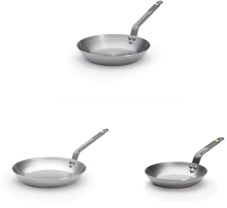 DE BUYER - Lot de 3 Poêle en tôle d'acier Mineral B - 20, 26 et 28 cm- Fabriquées en France, Sans PFAS, Montée Rapide en Température, Inox 18/10, Tous Feux + Four, Finition Poli Brillant