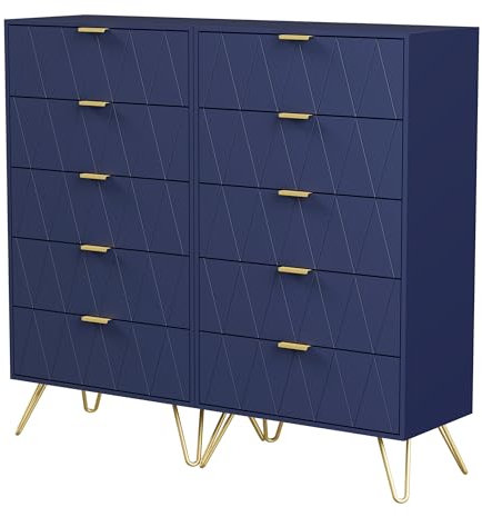 UEV Kommode 2er Set,120 x 34 x 110 cm, Schrank mit 10 Schubladen, Highboard, TV Schrank, Sideboard mit Schubladen, Schmal kommode, Beistellschrank für Wohnzimmer Schlafzimmer Flur (Dunkel blau)