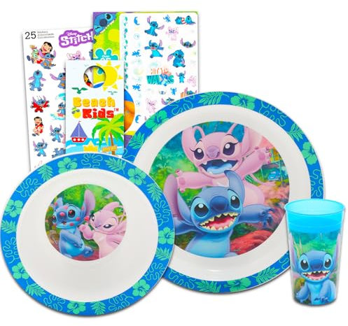 Stitch Service de table pour enfants, tout-petits – Ensemble d'accessoires de cuisine 3 pièces avec assiette plate Stitch et Angel, tasse, autocollants, plus | Lilo et Stitch