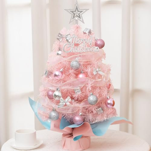Bomiclss 45 CM Tabletop Mini Christmas Tree, Battery Operated Artificial Xmas Tree, Best DIY Christmas Decorations,Lighted Tiny Trees for Home Kitchen Window Decor (Pink)