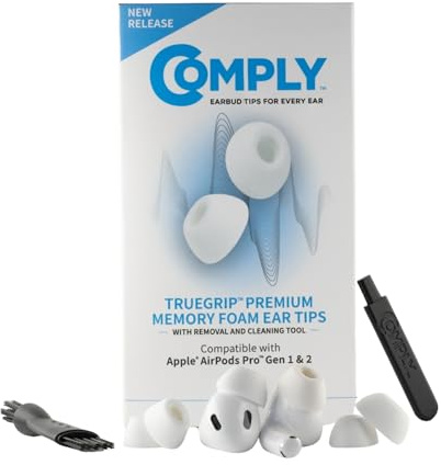 Comply TrueGrip Premium Memory Foam Replacement Ear Tips, White, Medium | 3 Pairs, for Apple AirPods Pro 1 & 2, Enhanced Comfort, Secure Fit, Superior Noise Isolation, Removal & Cleaning Tool