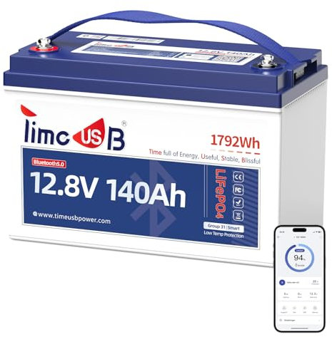 Timeusb Bluetooth Batterie Lithium 12V 140Ah avec Protection Basse Température,BMS Smart 150A,15000 Cycle Profond,1920W Batterie LiFePO4 pour Camping-Car,Bateau,Trolling Motor,Solaire et Hors Réseau