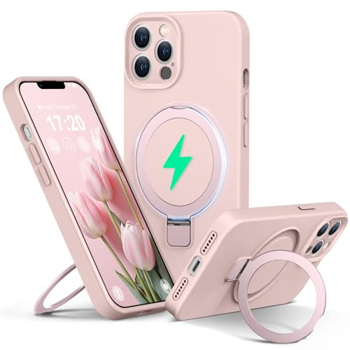 PuyaTeya Liquid Silicone Coque pour iPhone 13 Pro Max with Magnetic Ring Stand, Upgraded Camera Protection Mil-Grade Drop Shockproof Soft Anti-Scratch Microfiber Lining Silicone Coque(Rose)