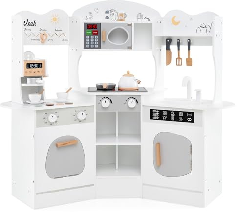 GYMAX Kids Corner Kitchen, Wooden Play Kitchen with Realistic Lights, Sounds, Coffee Maker, Microwave, Sink, Faucet & Utensils, Children Pretend Toy Kitchen Playset for 3+ Years Old (White)
