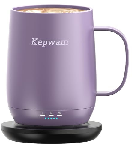 Kepwam Lilac Violet 16oz Smart Heated Coffee Mug, 150 Min Battery Life - Hot up to 149°F, Stainless Steel & Ceramic, Purple