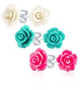 Orecchini A Borchione Rosa 3D Con Fiori Romantici .925 Sterling Silver Silver (3 Set)