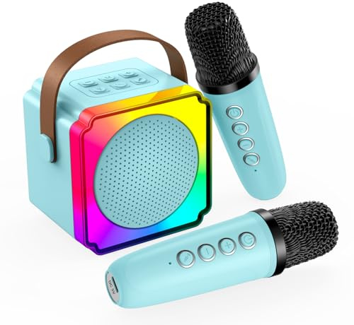 Macchina Karaoke per Bambini con 2 Microfoni Wireless di MMOBIEL – Portatile Cassa Bluetooth, 2 Microfono, Luce LED, Effetti Vocali – Giocattolo Musicale, Regalo per Ragazze, Ragazzi, Bambini 3+, Blu