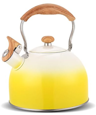 Stovetop Kettle for Kitchen Gas, Induction & Electric Hobs, 2.5L Stainless Steel Whistling Kettle with Folding Wood Grain Handle for Boiling Water/Coffee/Milk/Camping (Yellow)