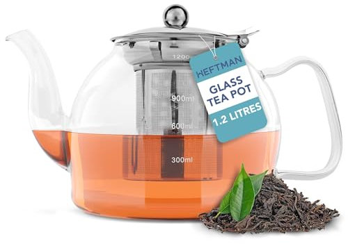 HEFTMAN Glass Teapot 1200ml - Clear Glass Teapot with Infuser for Loose Tea, Serves 3-6 Cups, Heat Resistant Borosilicate, with Non-Dripping Spout & Removable Stainless Steel Strainer/Lid - 1.2L