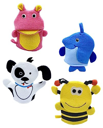Gogogmee 4 Stück Teiliges Badehandschuh Weiche Peeling Waschhandschuhe mit Niedlichen Tiermotiven Biene Flusspferd Hund Pinguin Sanftes Körperpeeling für Komfortables Bad Spa Geeignet