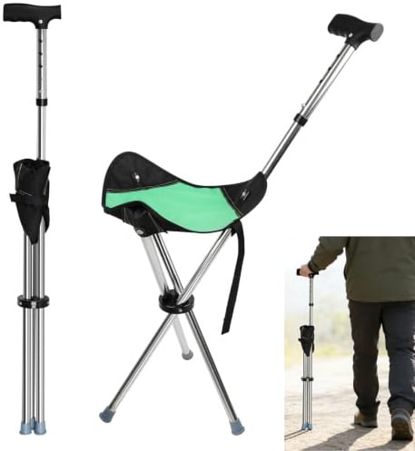 Gehstock mit Sitz klappbar 150kg, Leichter Sitzstock für Outdoor | 2-in-1 Sitzstock und Gehstock, faltbar und leicht mit 5-facher Höhenverstellung für Wandern, Camping, Reisen und Pausen