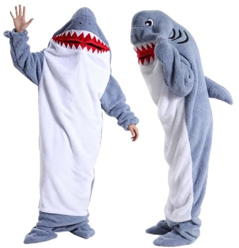 FARYODI Hai Decke Hoodie mit Ärmeln M (140-155cm), Hai Schlafsack Decken Hoodie mit Kapuze, Shark Flanell Overall mit Füßen, Shark Blanket Flanell Geschenk für Cartoon Pyjama Partys