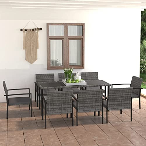 Tonture 9-TLG. Garten-Essgruppe Poly Rattan Grau, 180x70cm Esstisch mit 8 Stühlen, wetterfestes Outdoor Patio Möbel Set für Terrasse, Balkon, Essbereich