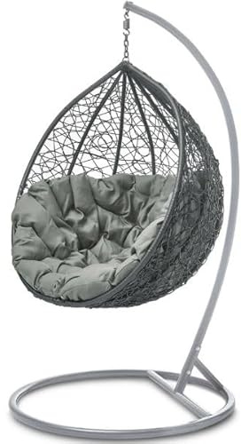 MAT-COMPANY Polyrattan Hängesessel mit Gestell Hängekorb Outdoor Garten Terrasse graues Gestell graue Kissen