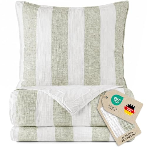 Pure Label Musselin Bettwäsche Set 2-TLG. 1x155x220cm 1x80x80 weich, Grün | Anschmiegsam, atmungsaktiv und gestreift für gemütlichen Schlafkomfort