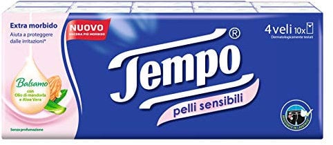 Tempo - Taschentücher, 4-lagig mit Aloe-Vera für empfindliche Haut - 10 Päckchen mit je 9 Taschentücher.