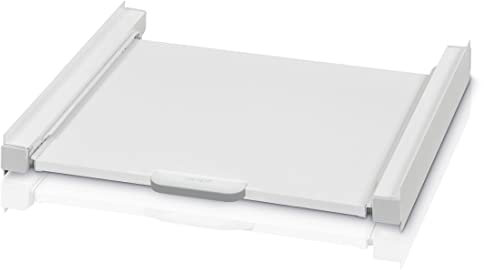 Xavax Zwischenbausatz mit Ausziehplatte aus Metall (Universal Verbindungsrahmen für Waschmaschinen und Trockner, Zwischenbaurahmen mit Auszug als Ablage für Wäschekorb, inkl. Zurrgurt) weiß