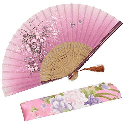OMyTea Grassflower Folding Hand Held Fan for Women - Chinese/Japanese Vintage Retro Style - With a Fabric Sleeve for Protection (Red)