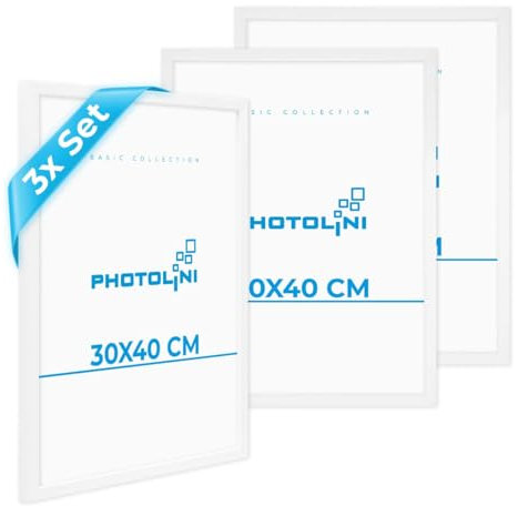 PHOTOLINI Cadre 30 x 40 blanc bois MDF, lot de 3 cadres photo 30x40 pour posters, picture frame 40x30 avec verre acrylique incassable, décoration murale à suspendre, avec accessoires supplémentaires