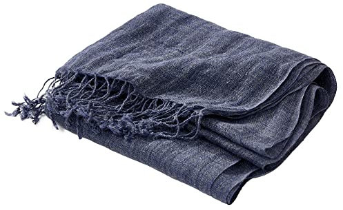 Prettystern Herren 200cm uni-Farbe Lang Meliert Sommer Fransen Leinen-Schal - Blau Dunkelblau T34